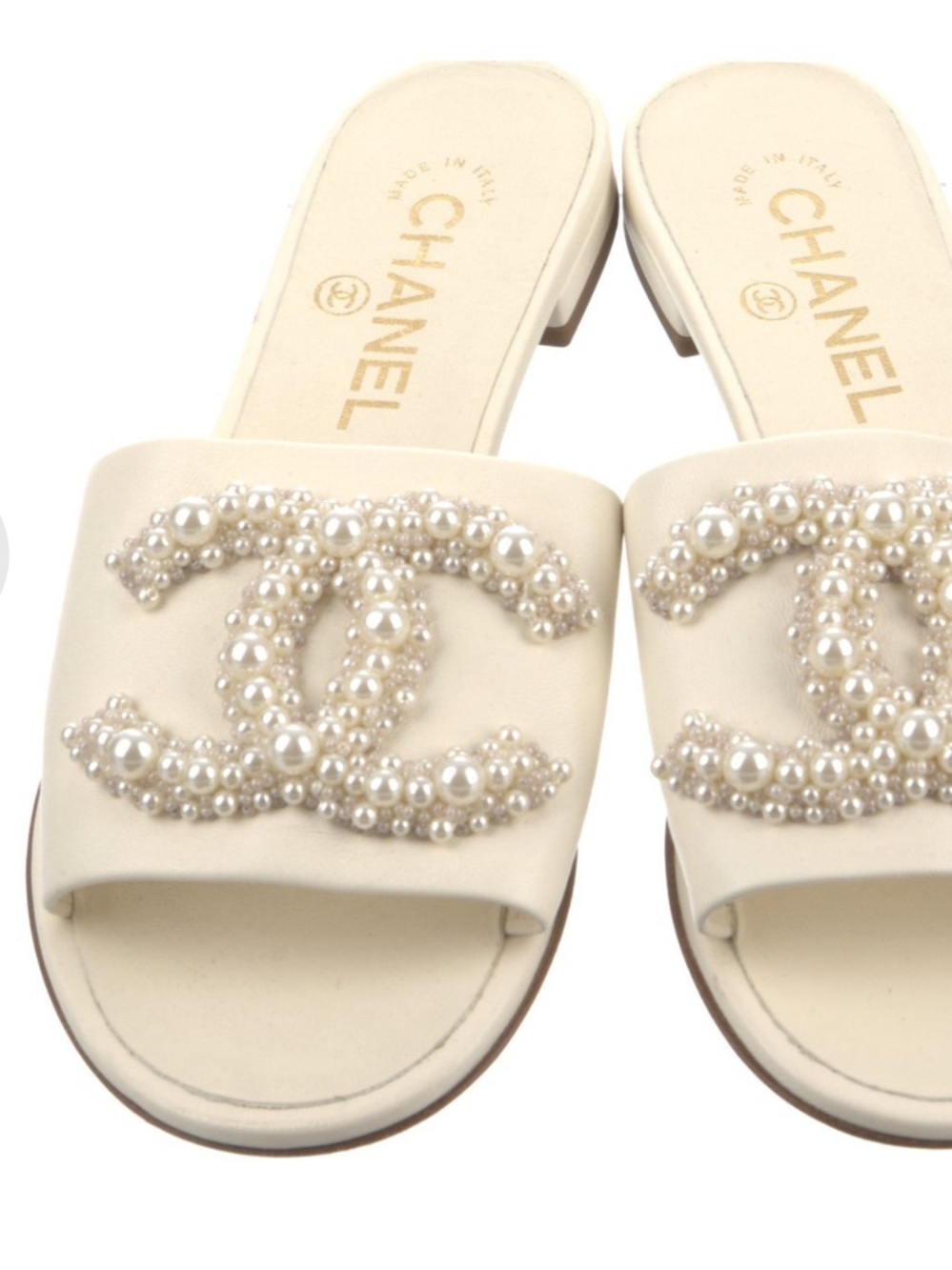 Chanel White Pearl Slide Lambskin Sandals Size 6